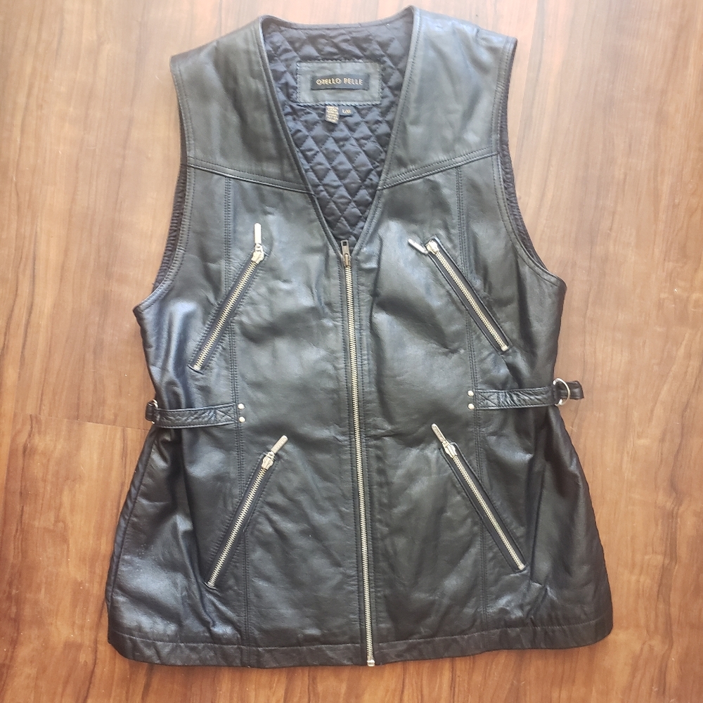 Otello Pelle Black Leather Fitted Waist Full Zip Vest Size L